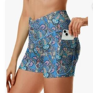 Cagola Women's High Waisted Tummy Control 5”Blue Paisley Swim Shorts size XL NWT